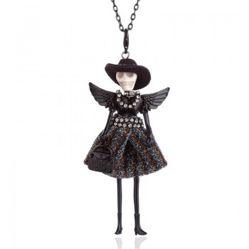 HOCOLE 2018 New Skull Head Wing Doll Pendant Necklace Black Long Sweater Chain French Doll Necklace For Women Halloween Jewelry
