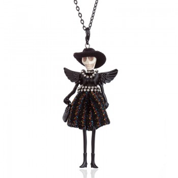 HOCOLE 2018 New Skull Head Wing Doll Pendant Necklace Black Long Sweater Chain French Doll Necklace For Women Halloween Jewelry