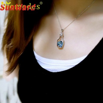 Creative Women Fashion Necklace Ladies Popular Style  Drift Bottles Pendant Necklace Blue  Crystal Pendant Necklace 2017 Oct20
