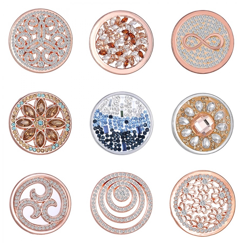 New Fashion Mix Designs Frame Hollow Crystal Disc 33cm Coin Charms DIY Coin Floating Coin Pendant Fit in 35mm Locket Necklace