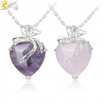 CSJA Natural Stone Necklace Tiger Eye Purple Crystal Pendant Multi-color Lover Romantic Heart Boho Jewelry Butterfly Knot F324