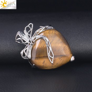 CSJA Natural Stone Necklace Tiger Eye Purple Crystal Pendant Multi-color Lover Romantic Heart Boho Jewelry Butterfly Knot F324