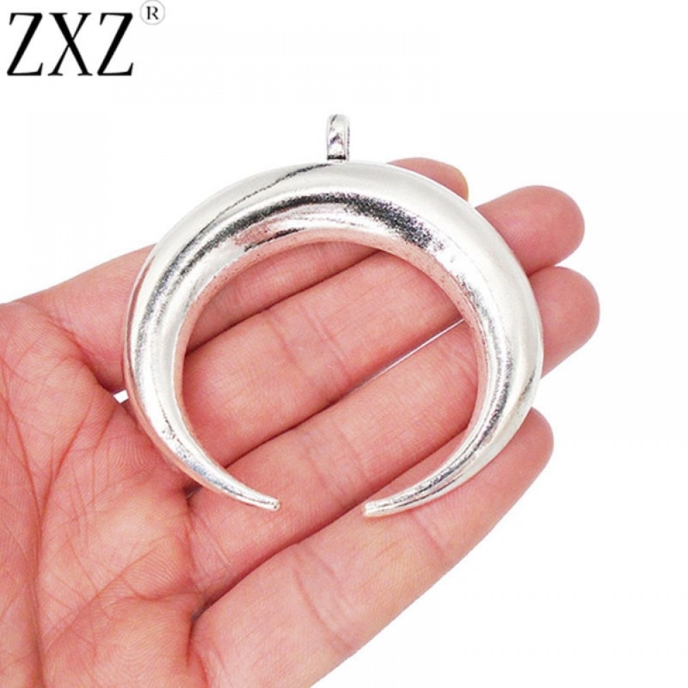 ZXZ 2pcs Antique Silver Large Double Ox Horn Crescent Moon Charms Pendants Necklace Jewelry Making Findings 66x63mm