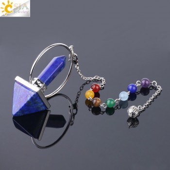 CSJA Reiki Healing 7 Chakra Natural Stone Pendulum for Dowsing Hexagonal Prism Pyramid White Pink Crystal Obsidian Pendants F057