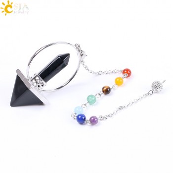 CSJA Reiki Healing 7 Chakra Natural Stone Pendulum for Dowsing Hexagonal Prism Pyramid White Pink Crystal Obsidian Pendants F057
