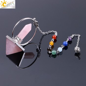 CSJA Reiki Healing 7 Chakra Natural Stone Pendulum for Dowsing Hexagonal Prism Pyramid White Pink Crystal Obsidian Pendants F057