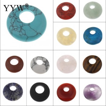 YYW Natural Real Gems Stone Jewelry Flat Round Donut Beads Lucky Women Men DIY Quartz Tiger Eye Sea Opal Rose Stone Pendants