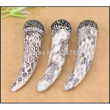 5pcs White Snakeskin Pattern Horn Shape Pendants,With Rhinestone Paved Horn Gem stone Pendant for Making necklace Jewelry