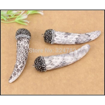 5pcs White Snakeskin Pattern Horn Shape Pendants,With Rhinestone Paved Horn Gem stone Pendant for Making necklace Jewelry