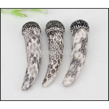 5pcs White Snakeskin Pattern Horn Shape Pendants,With Rhinestone Paved Horn Gem stone Pendant for Making necklace Jewelry