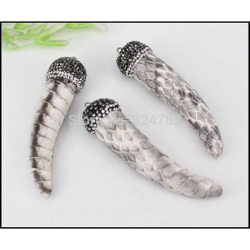 5pcs White Snakeskin Pattern Horn Shape Pendants,With Rhinestone Paved Horn Gem stone Pendant for Making necklace Jewelry