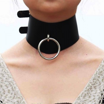 Elegant Handmade Oversized Choker Necklace Fetish O Round Metal Black Leather Collar Bondage Harness Necklace