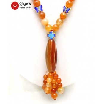 Qingmos Natural Red 10*42mm Olivary Shape Agates Pendant Necklace for Women with 6mm Orange Round Beads 22 Long Necklace N5977
