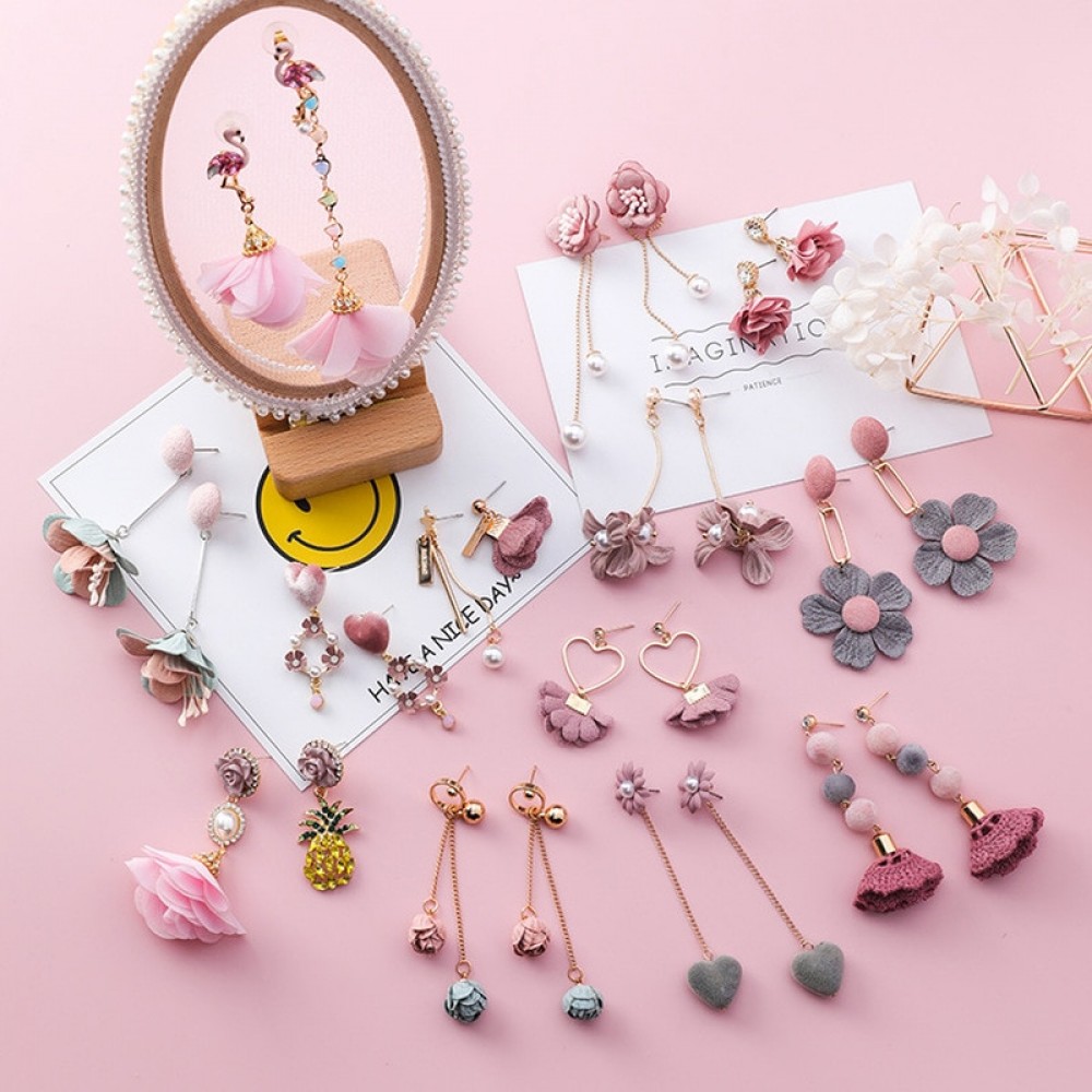 2018 New Korean Japan Trendy Sweet Girl Simple Pink Fabric Flower Rhinestone Dangle Earrings Fashion Women Jewelry Accessories
