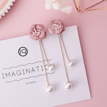 2018 New Korean Japan Trendy Sweet Girl Simple Pink Fabric Flower Rhinestone Dangle Earrings Fashion Women Jewelry Accessories