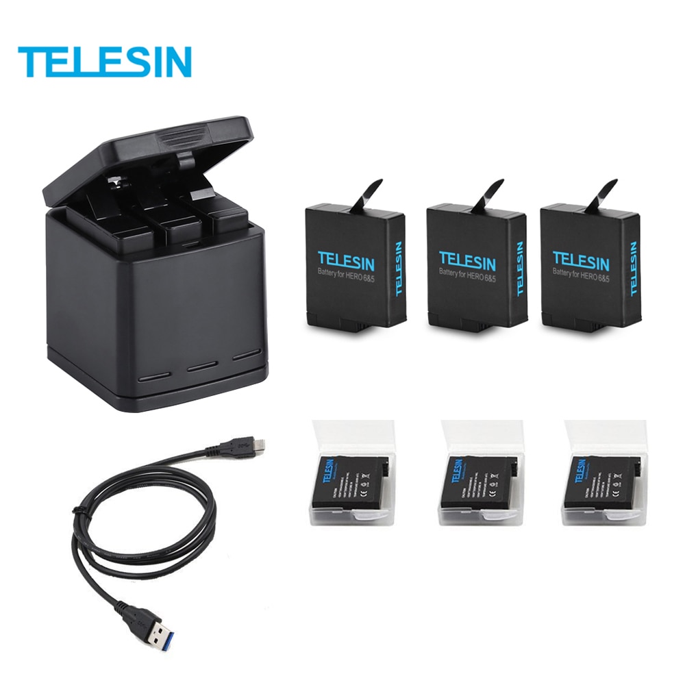 TELESIN 3-way Battery Charger and 2 Batteries Kit, Charging Storage Box with Replacement Battery for GoPro Hero 5 7 Black Hero 6