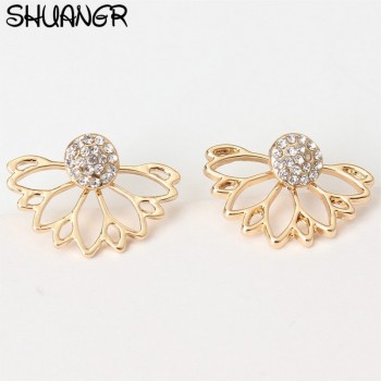 SHUANGR Charms 2018 Lotus Crystal Shiny Flower Stud Earrings For Women fashion Jewelry Double Sided Gold Silver Plated earrings