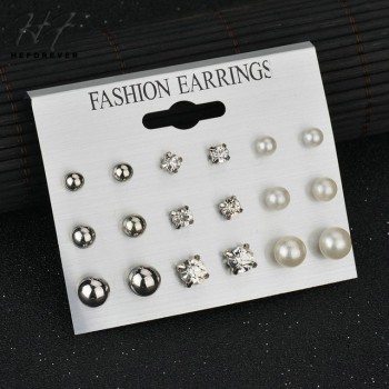 Korean Silver Gold Color Simple Imitation Pearl Ball Style Stud Earrings for Women 12Pair Set Xmas Fashion Jewelry KB300 KB301