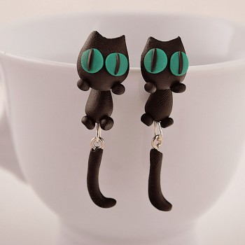 New Lovely Handmade Polymer Clay 3D Black Cat Earrings Cute Cartoon Stud Earring Jewelry For Women CX17