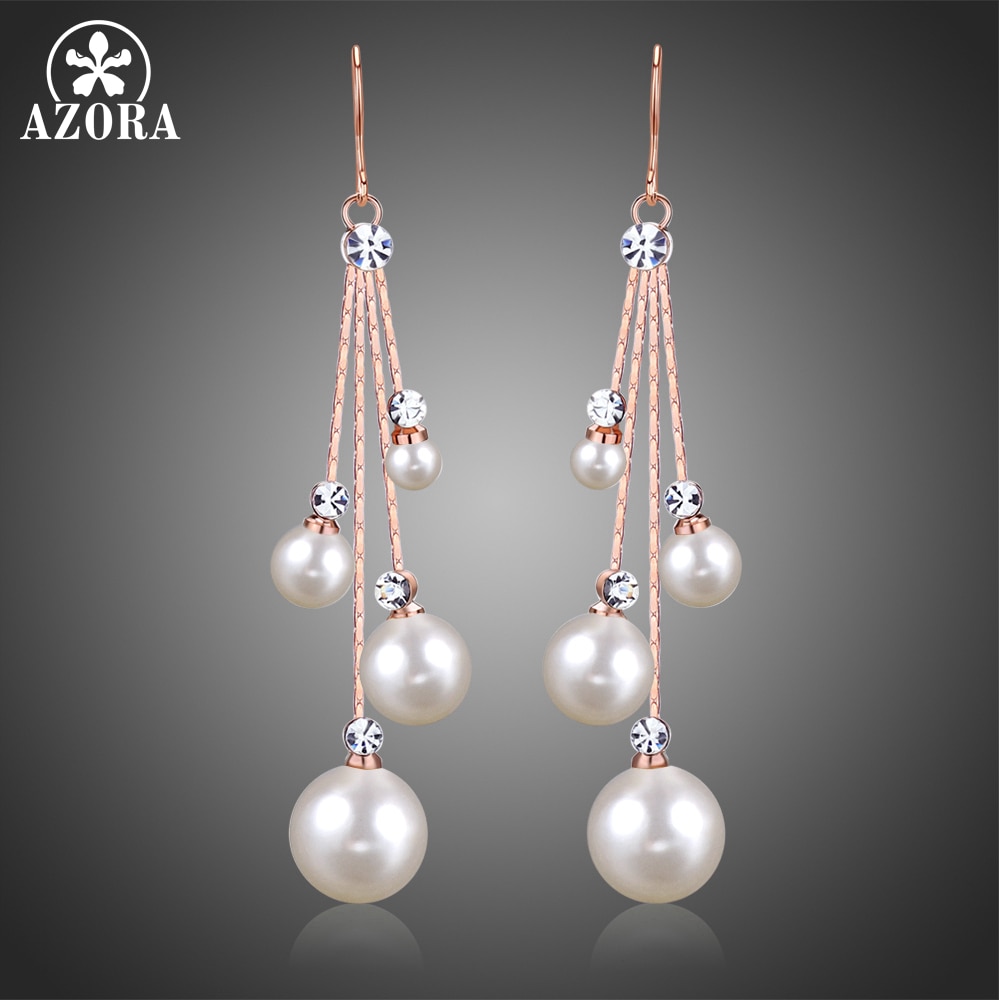 AZORA Womens Crystal Simulated Pearl Four Chain Bridal Long Dangle Hook Earrings Ivory Color Fashion Jewelry Accessories TE0343