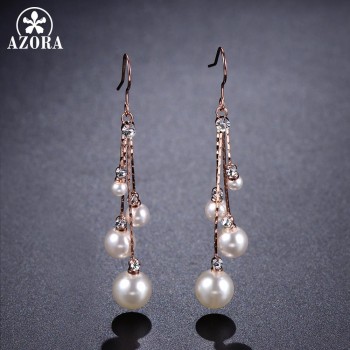 AZORA Womens Crystal Simulated Pearl Four Chain Bridal Long Dangle Hook Earrings Ivory Color Fashion Jewelry Accessories TE0343