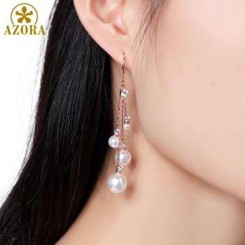 AZORA Womens Crystal Simulated Pearl Four Chain Bridal Long Dangle Hook Earrings Ivory Color Fashion Jewelry Accessories TE0343