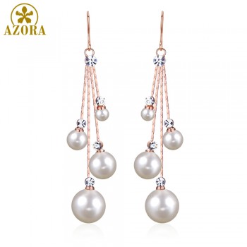 AZORA Womens Crystal Simulated Pearl Four Chain Bridal Long Dangle Hook Earrings Ivory Color Fashion Jewelry Accessories TE0343