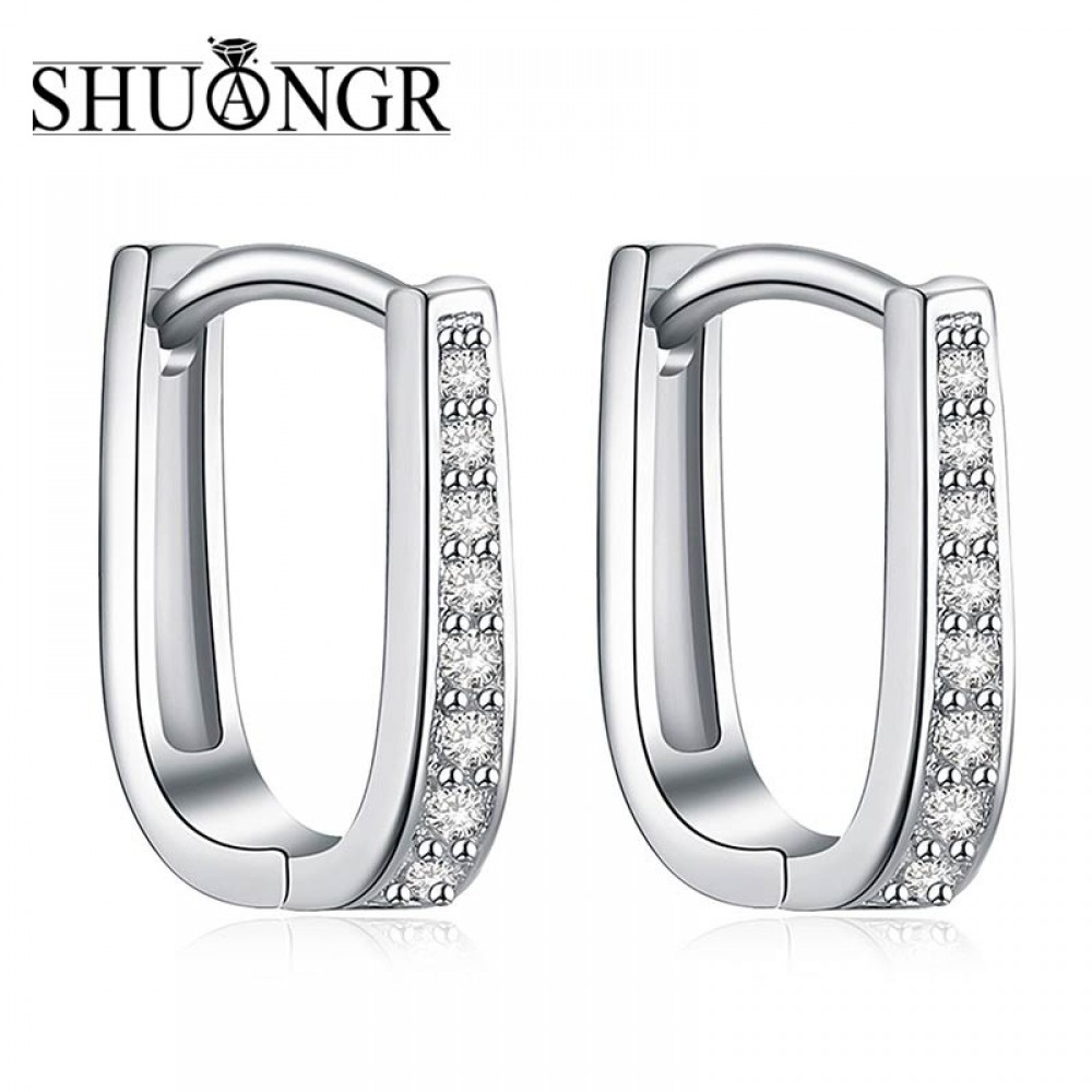 SHUANGR  1pair Silver U-Shape Hoop Earrings AAA Clear Cubic Zirconia Women Jewelry Elegant Tiny Hoop Earrings TB387