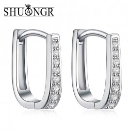 SHUANGR  1pair Silver U-Shape Hoop Earrings AAA Clear Cubic Zirconia Women Jewelry Elegant Tiny Hoop Earrings TB387