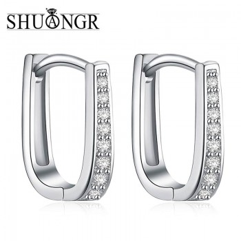 SHUANGR  1pair Silver U-Shape Hoop Earrings AAA Clear Cubic Zirconia Women Jewelry Elegant Tiny Hoop Earrings TB387
