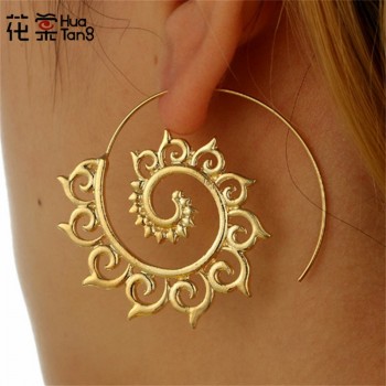 HuaTang Trendy Gold Silver Round Spiral Earrings For Women Alloy Brincos Earings Oorbellen Hoop Earrings Pendientes Bohemia 4755