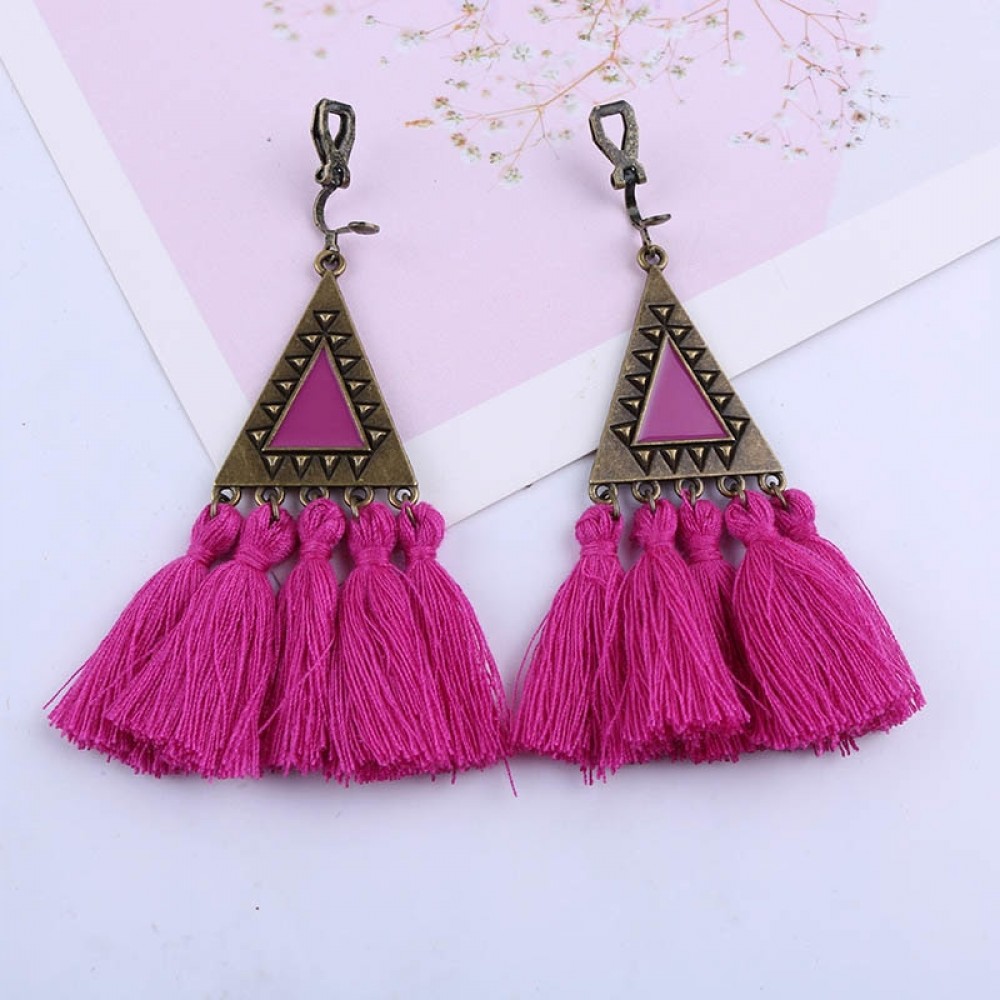 Bohemian Handmade Tassel Clip On Earrings Without  Pierced for Women Party Triangle Vintage Fringed Ear Clip Fishion Jewelry