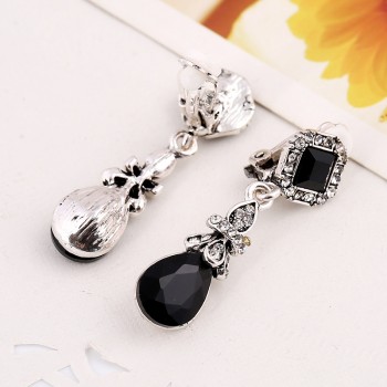 Vintage Silver Color Black Earring Clips No Pierced Ear Clips Earrings women Long Earings Red Dangle Indian Jewelry Sieraden