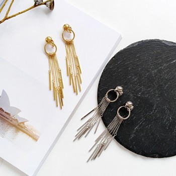 Alloy Metal Thread Threader Long Tassels Clip on Earring Women Round 7 Seven Chains Rope Clips Earrings Without Piercing Hole