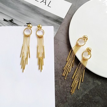 Alloy Metal Thread Threader Long Tassels Clip on Earring Women Round 7 Seven Chains Rope Clips Earrings Without Piercing Hole