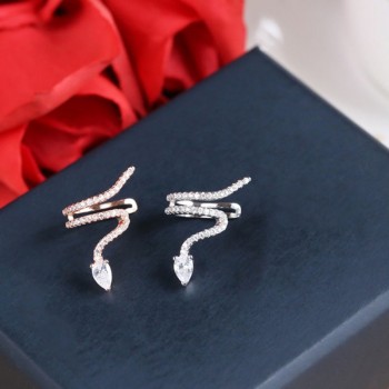 1Pcs Luxury Snake Ear Cuff Clip Earring Rose Goldamp;Silver CZ Zircon Snake Shape Hyperbole Single Earring For Women Party Jewelry