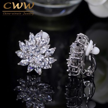 CWWZircons New Designer Flower Shape Stunning Cubic Zirconia Crystal Women Ear Clip on Earrings Without Piercing CZ196