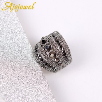 Ajojewel Best Selling Fashion Jewelry Black CZ Geometric Vintage Retro Finger Ring Women High Quality Wide Design Party Jewelry