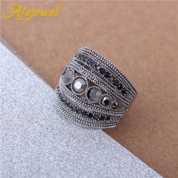 Ajojewel Best Selling Fashion Jewelry Black CZ Geometric Vintage Retro Finger Ring Women High Quality Wide Design Party Jewelry