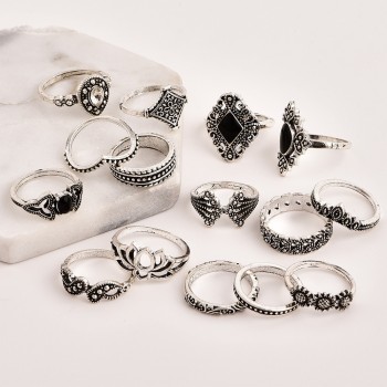 LE SKY Vintage Rings for Women Boho Geometric Flower Crystal Ring Set Bohemian Midi Finger Ring Combination Set Ring Jewelry