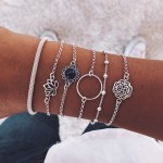 DIEZI 6pcs/set Vintage Simple Silver Color Lotus Bracelet for Women Flower Chain Beaded Bracelets Bangles Sets Boho Jewelry