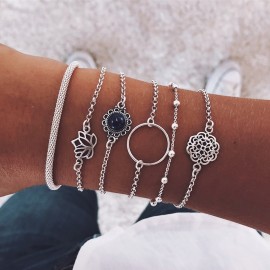 DIEZI 6pcs/set Vintage Simple Silver Color Lotus Bracelet for Women Flower Chain Beaded Bracelets Bangles Sets Boho Jewelry