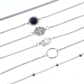 DIEZI 6pcs/set Vintage Simple Silver Color Lotus Bracelet for Women Flower Chain Beaded Bracelets Bangles Sets Boho Jewelry