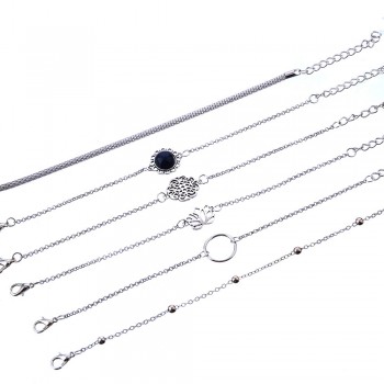 DIEZI 6pcs/set Vintage Simple Silver Color Lotus Bracelet for Women Flower Chain Beaded Bracelets Bangles Sets Boho Jewelry