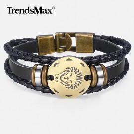 12 Zodiac Sign Horoscope Mens Leather Bracelet Vintage Retro Charm Wristband Male Jewelry Gifts for Men Leo Cancer Aries LBM136