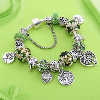 Dropshipping Green Tree of Life Charm Pandora Bracelet Silver Color Heart Flower Bead Bracelets amp; Bangles Fashion Jewelry Gift