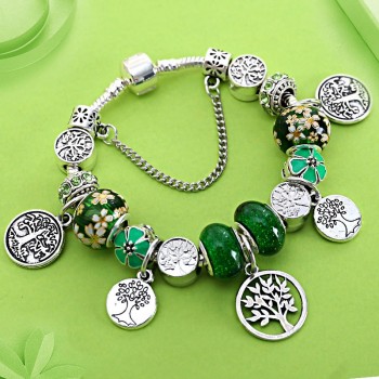 Dropshipping Green Tree of Life Charm Pandora Bracelet Silver Color Heart Flower Bead Bracelets amp; Bangles Fashion Jewelry Gift