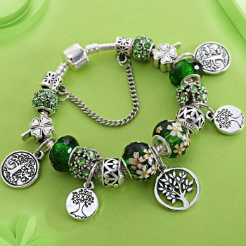 Dropshipping Green Tree of Life Charm Pandora Bracelet Silver Color Heart Flower Bead Bracelets amp; Bangles Fashion Jewelry Gift