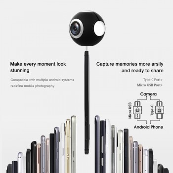 Podofo Mini HD Panoramic 360 Camera Wide Dual Angle Fish Eye Lens VR Video Camera for Smartphone Type-c USB Sport amp; Action Cam