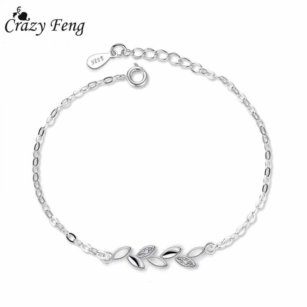 Crazy Feng Adjustable Stainless Steel Bracelet and Bangles For Women Girls Charms Crystal Lucky Leaf Link Chain Bracelet Jewelry